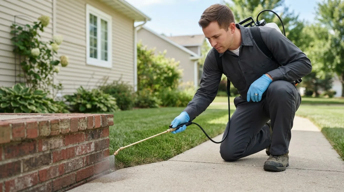 Pest control technician treating a home near Eminence, KY